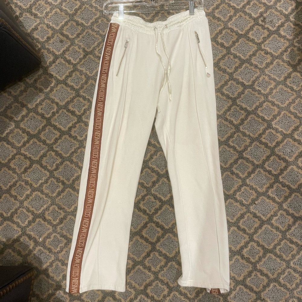 Scotch & Soda Cream Straight Leg Pants with Brown Stripe